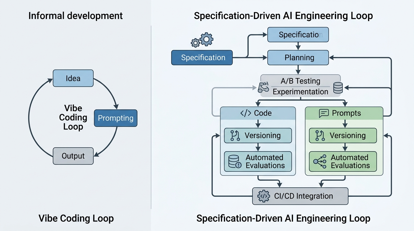 A system architecture diagram comparing the ad-hoc Vibe Coding Loop with the rigorous, Specification-Driven AI Engineering Loop.