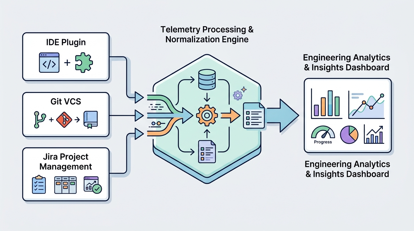 A technical diagram illustrating the multi-layered engineering telemetry ingestion pipeline, showing data flows from IDE plugins, Git repositories, and Jira tickets into a central processing and normalization engine.