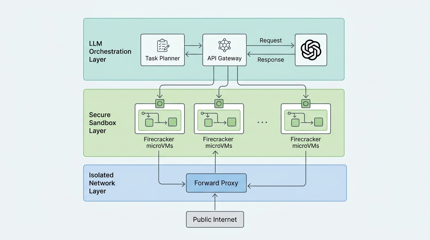 A systems architecture diagram illustrating the secure isolation of an AI agent's tool execution environment from the host and orchestration layers.
