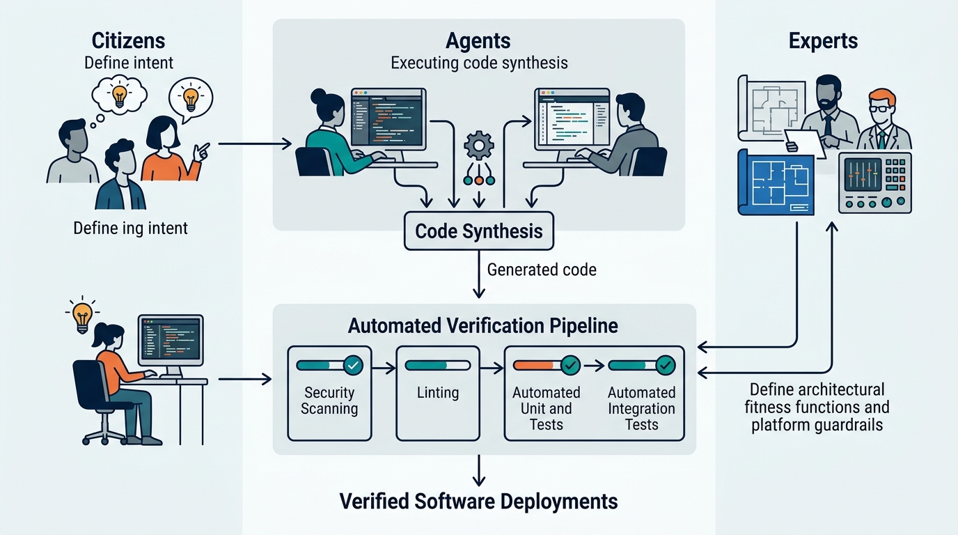 A technical architecture diagram showing the flow of intent from Citizens, execution by Agents, and automated verification governed by Experts.