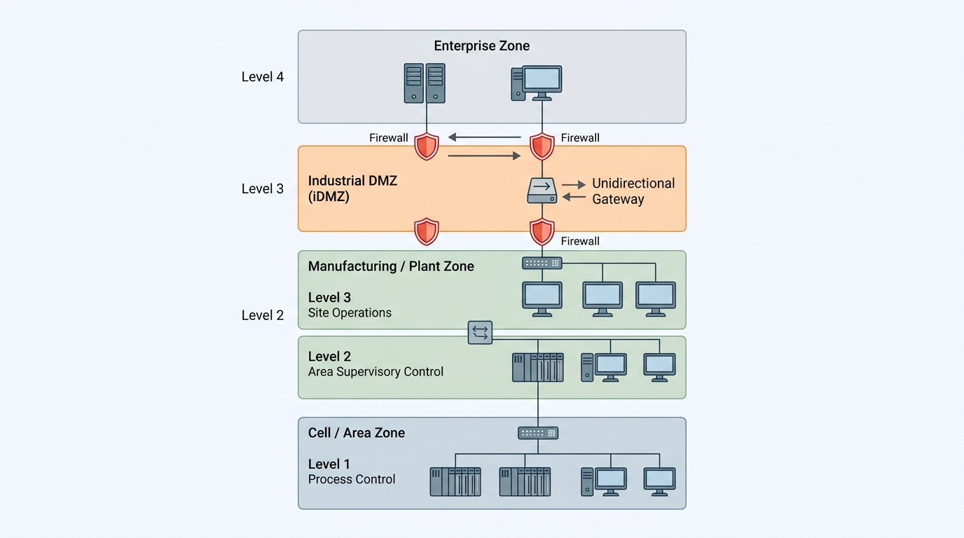 A network architecture diagram showing the Purdue Model segmentation for secure industrial control systems.