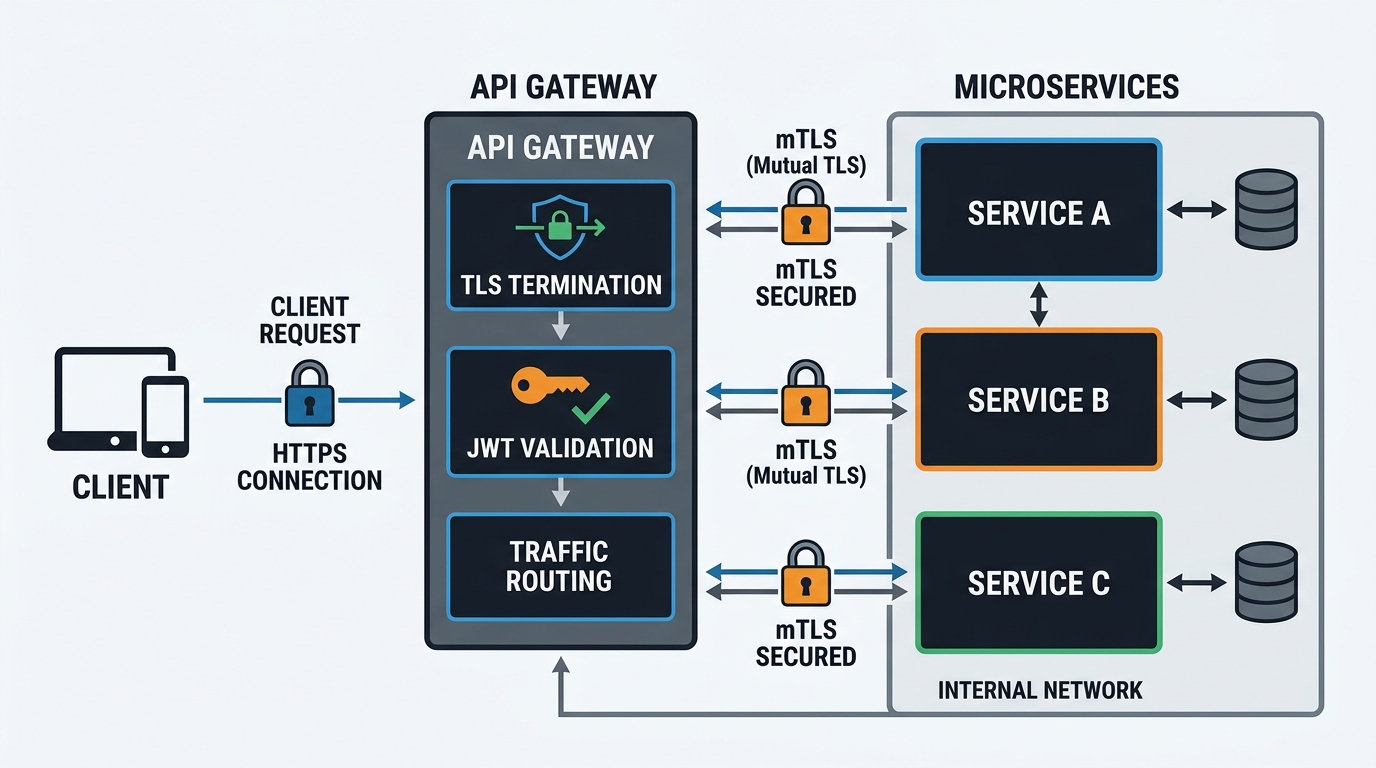 A system architecture diagram illustrating the flow of traffic from a client through an API Gateway acting as a trust boundary, showing TLS termination, JWT validation, and mTLS routing to downstream microservices.