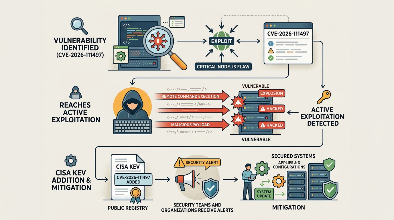Explanatory diagram for Node2Shell Vulnerability (CVE-2026-111497) Reaches Active Exploitation with CISA KEV Addition