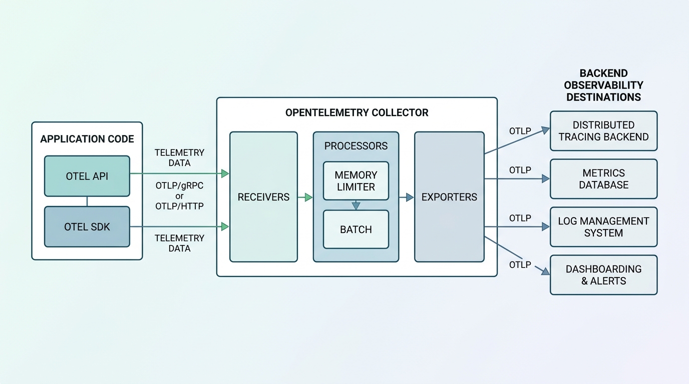 Architecture diagram of OpenTelemetry showing the flow of telemetry from Application SDKs to the OTel Collector and finally to various backend systems.