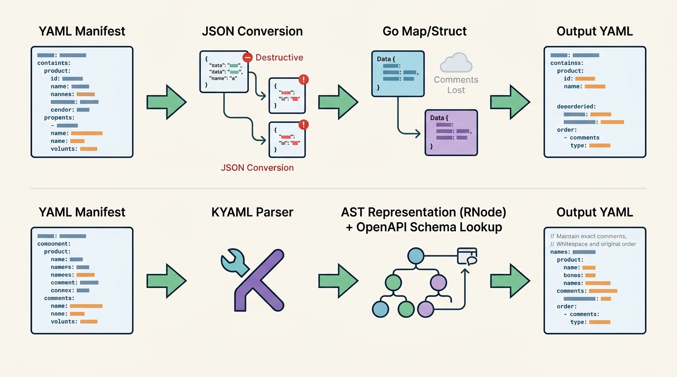 A technical diagram comparing the traditional destructive JSON round-trip parsing pipeline with the new KYAML AST-preserving, schema-aware parsing pipeline.