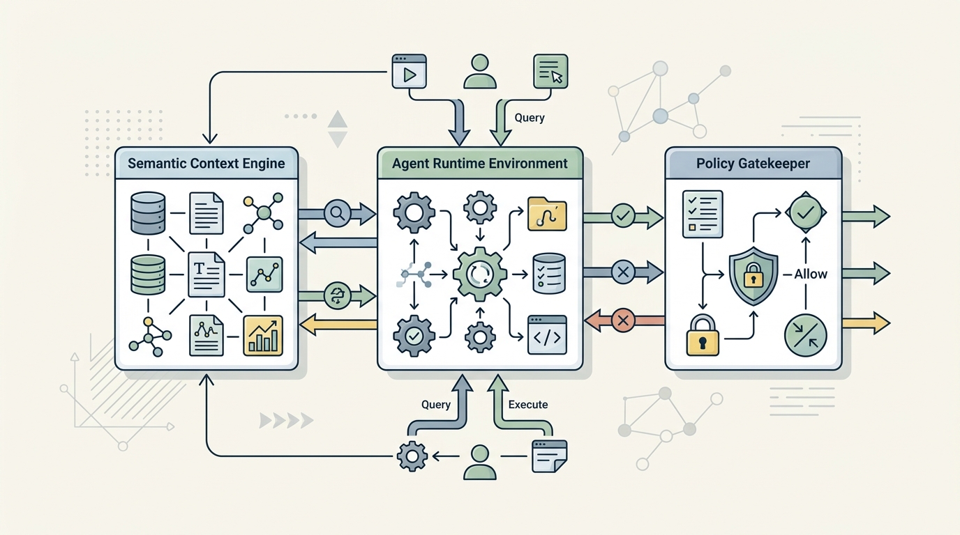 A technical architecture diagram illustrating the interaction between the Semantic Context Engine, the Agent Runtime Environment, and the Policy Gatekeeper.