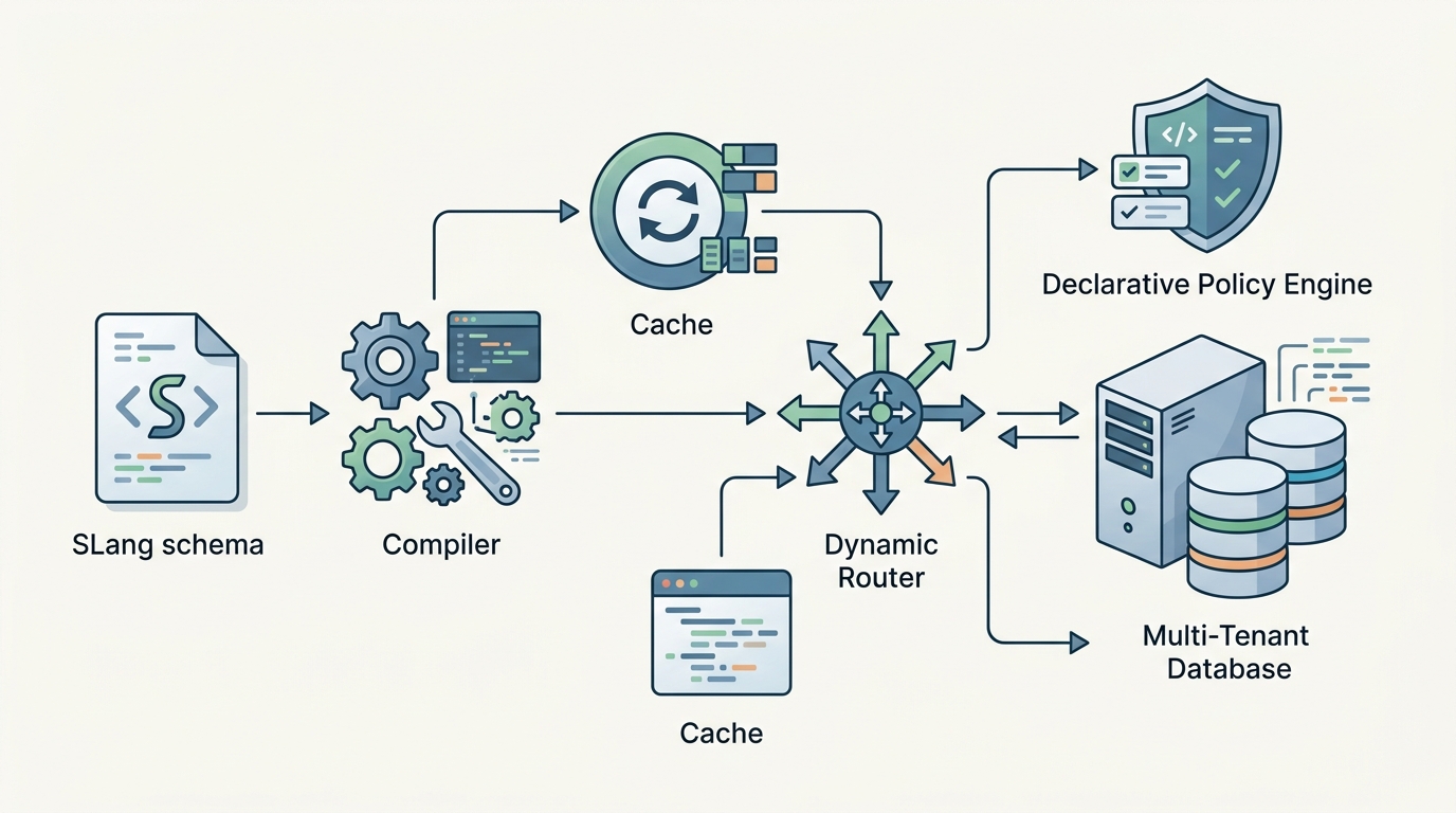 System architecture diagram of a zero-infrastructure backend runtime compiling and executing a SLang schema.