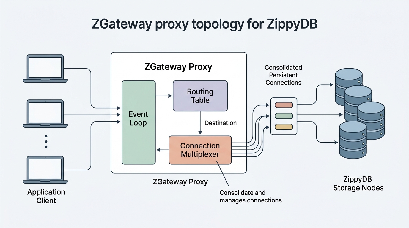 A detailed system architecture diagram showing client instances connecting to a ZGateway proxy fleet, which consolidates connections and routes them to backend storage nodes.