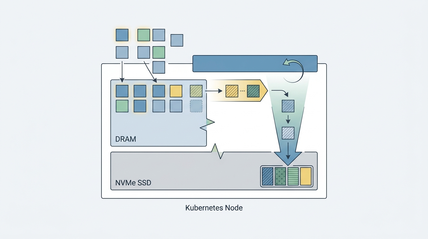 System architecture diagram illustrating cgroup v2 memory tiering and NVMe swap flow for Kubernetes agent pods.
