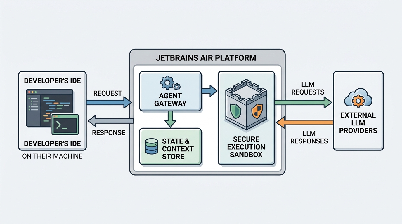 A technical architecture diagram illustrating the JetBrains Air orchestration platform, showing the flow between the developer/IDE, the Agent Gateway and Router, the State Store, and the isolated Execution Sandbox running tools and tests.