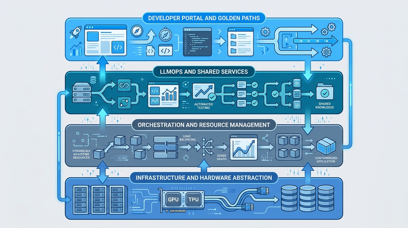 A technical architecture diagram showing the four layers of a GenAI platform: Infrastructure, Orchestration, LLMOps, and the Developer Portal.