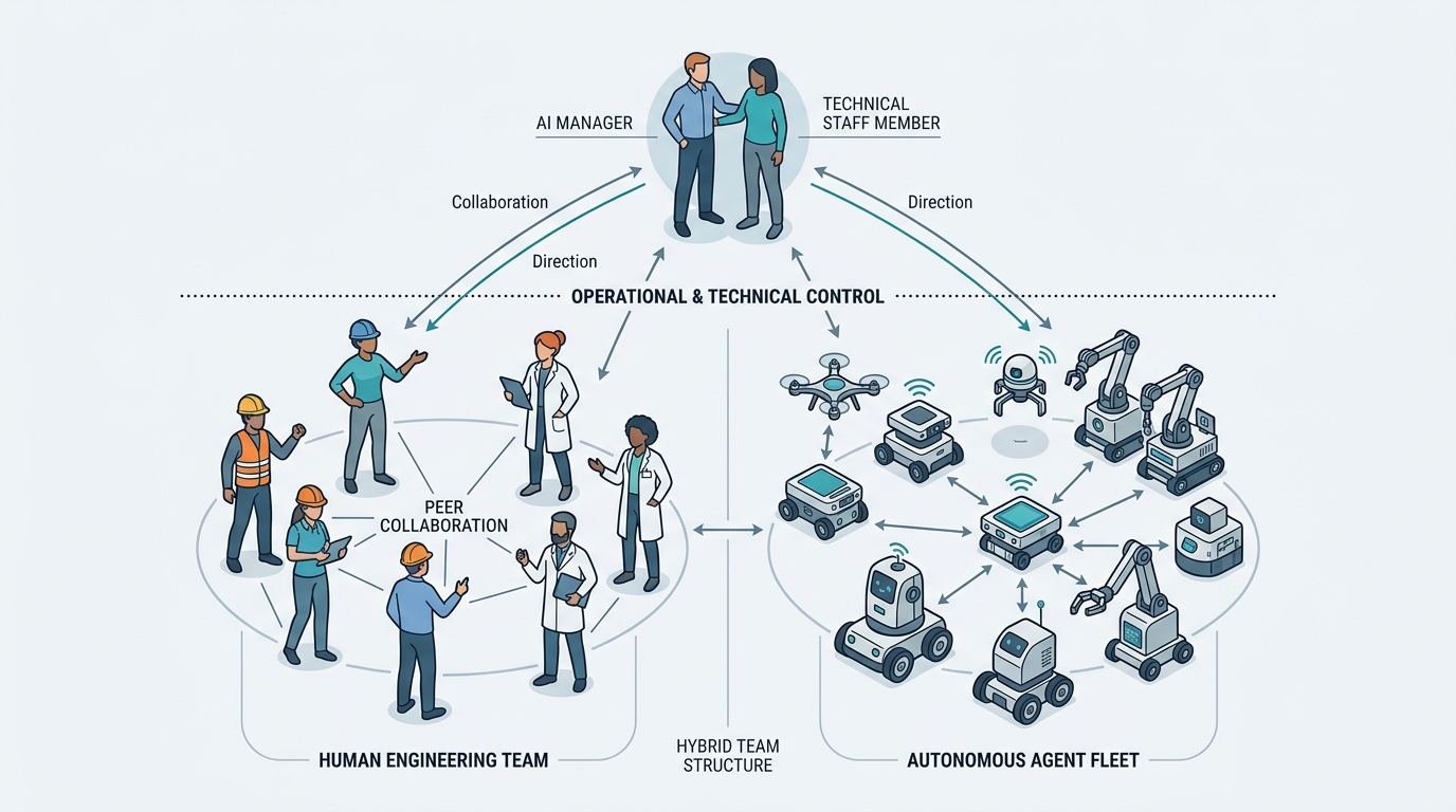 A technical diagram illustrating the modern engineering unit topology, showing the split of responsibilities between the AI Manager and the Technical Staff in relation to human engineers and autonomous agent fleets.
