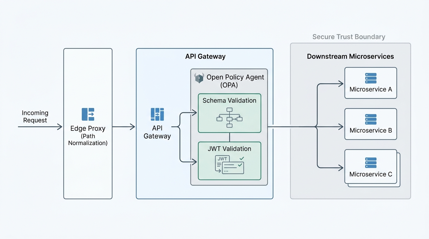A technical architecture diagram showing a secure request flow through an edge proxy, API gateway with OPA validation, and downstream microservices within a trust boundary.