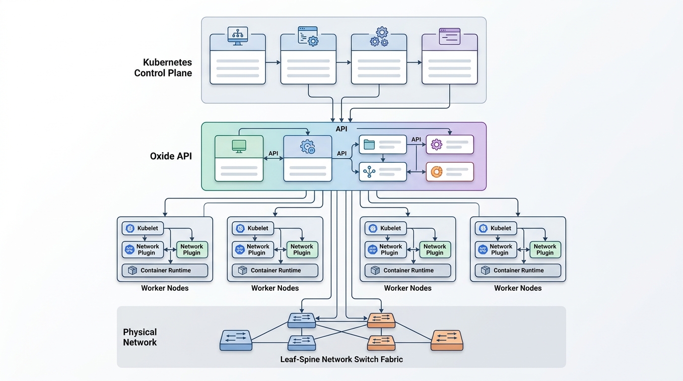 Architecture diagram showing the decoupled network control plane of an Oxide rack running Kubernetes.