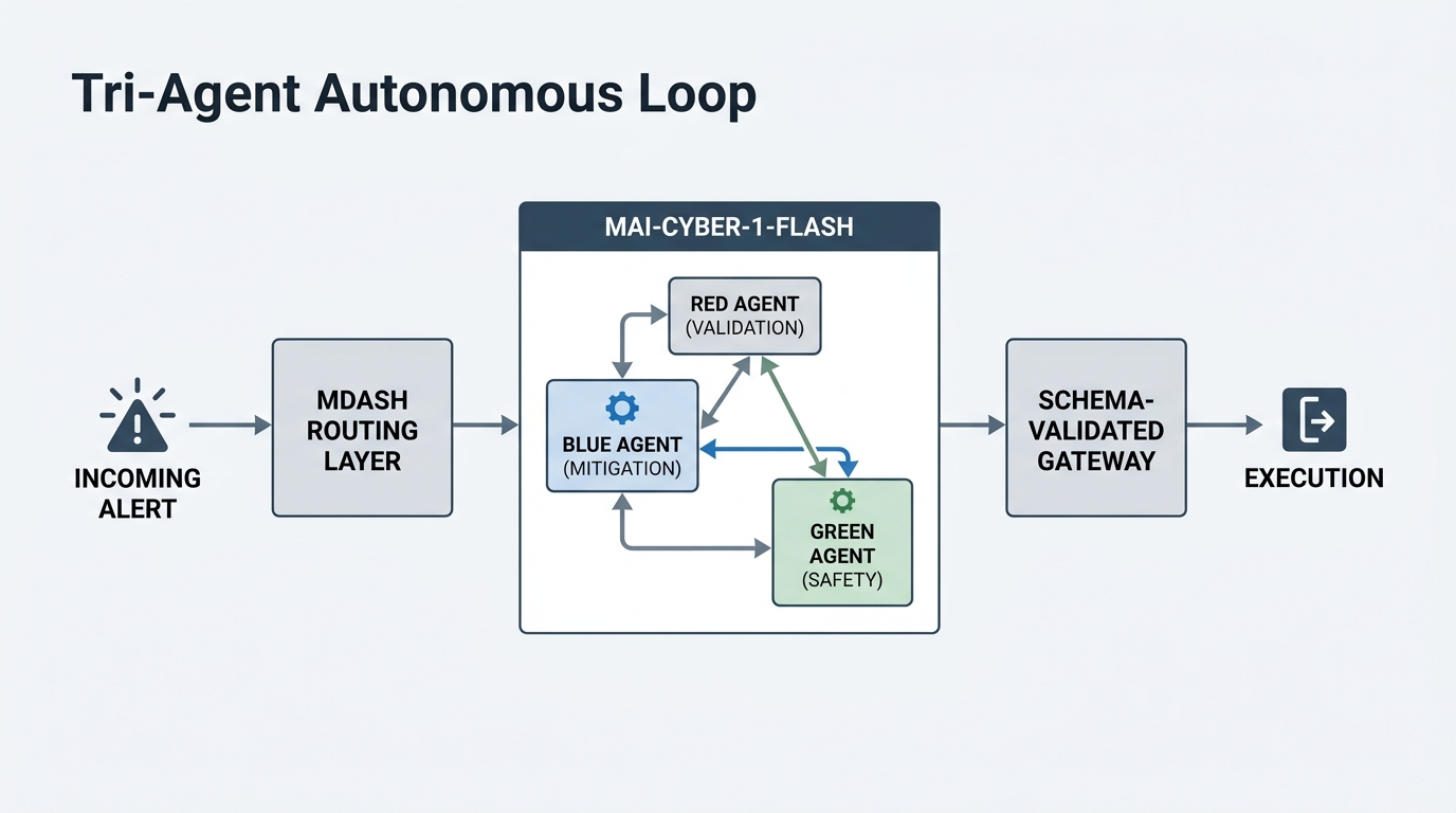 A technical architecture diagram showing the tri-agent autonomous loop (Red, Blue, Green agents) interacting with the MDASH routing layer and an execution gateway.