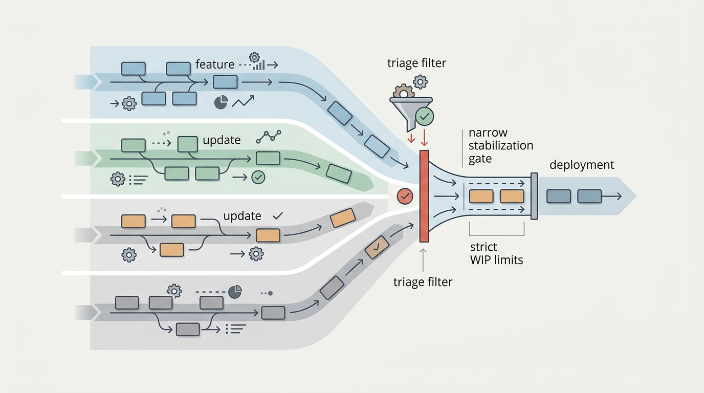 A workflow diagram illustrating the transition from high-velocity parallel feature development to a highly gated, low-WIP stabilization phase.