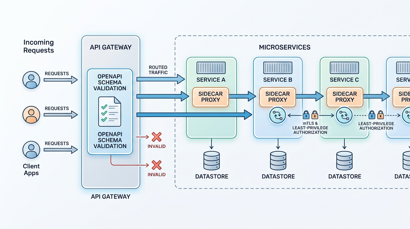 A system architecture diagram illustrating secure API gateway ingress validation and zero-trust microservice communication with sidecar proxies.