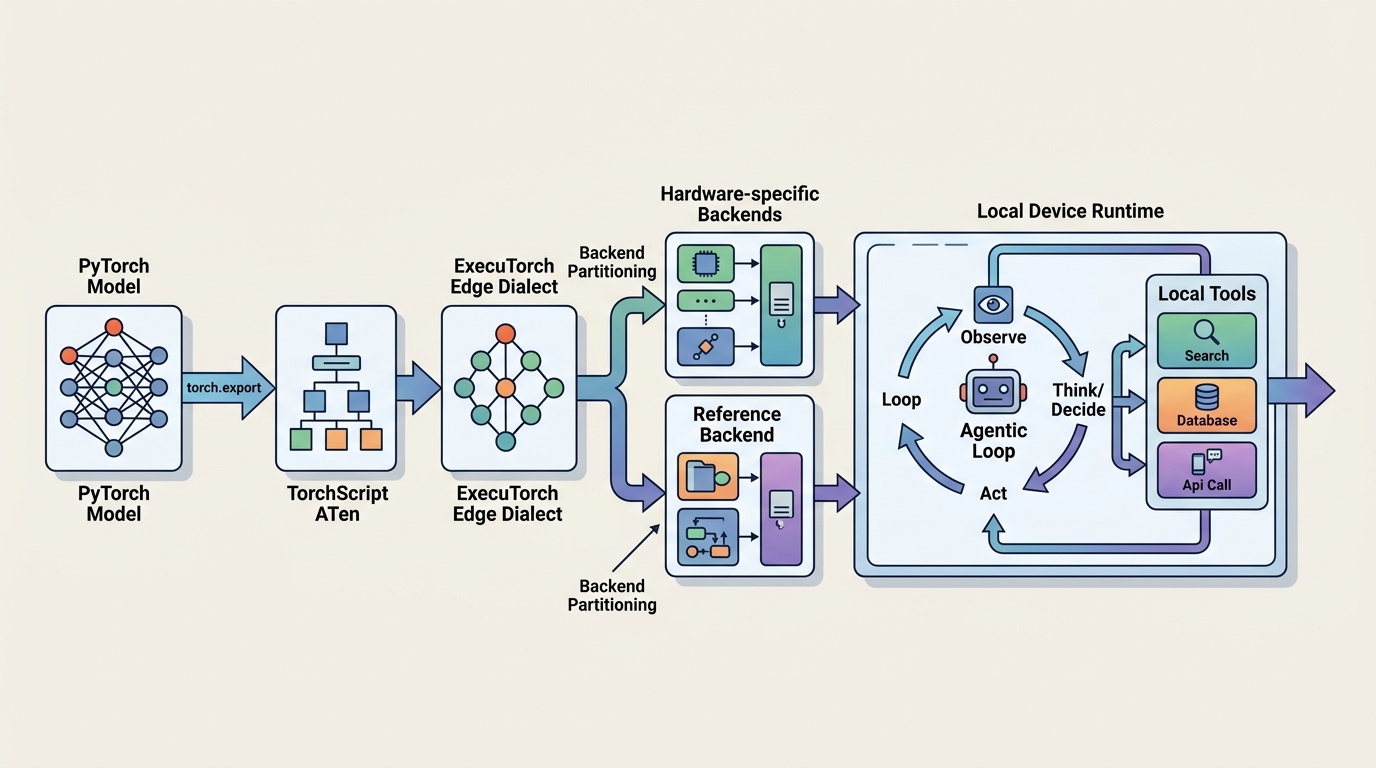 Architecture diagram illustrating the ExecuTorch compilation pipeline and the local agentic loop on-device.