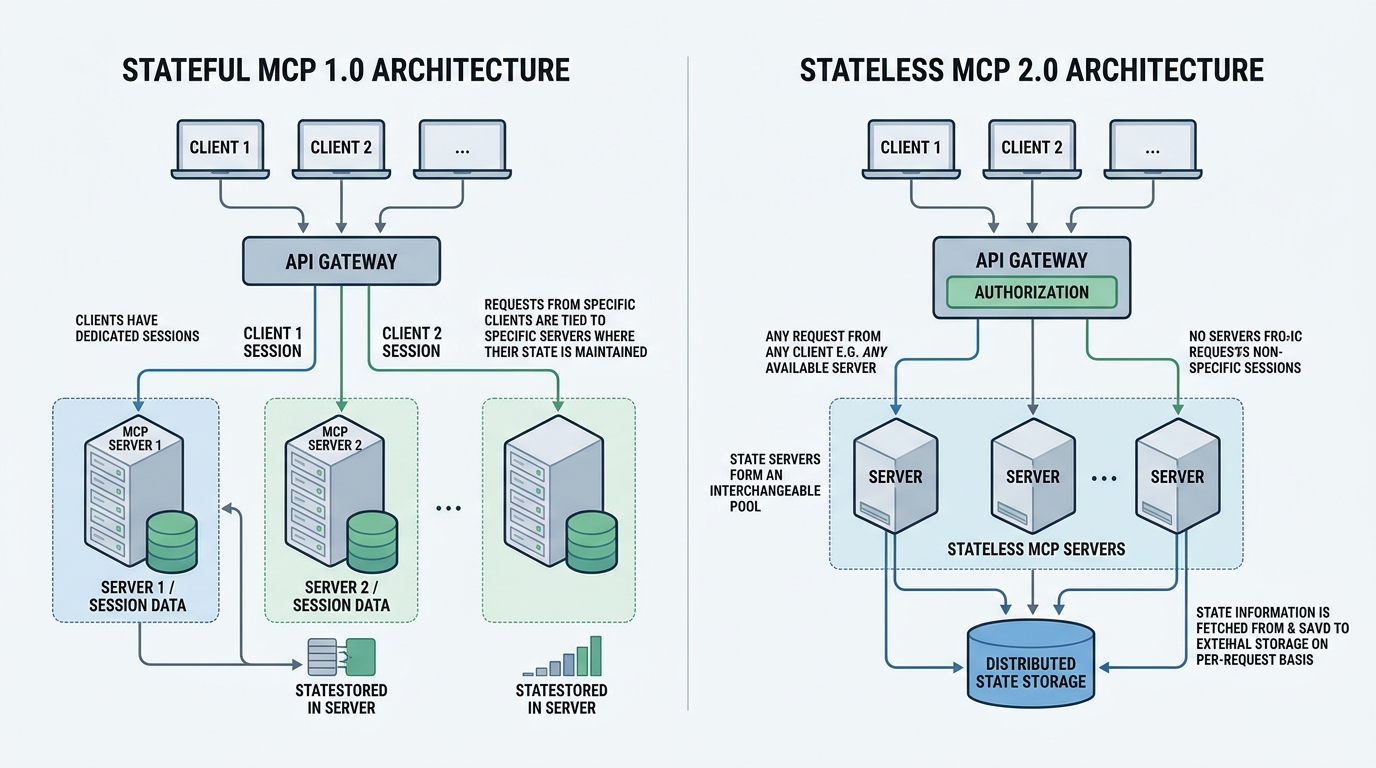 Architecture diagram illustrating the transition from stateful MCP 1.0 (direct stdio/WebSocket connections) to stateless MCP 2.0 (API Gateway, token-based auth, and horizontally scaled MCP server pools).