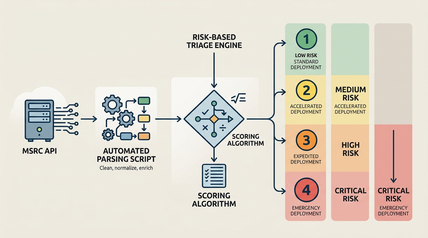 A workflow diagram showing the transition from raw Microsoft MSRC API payload ingestion to automated asset classification and tiered patch deployment.