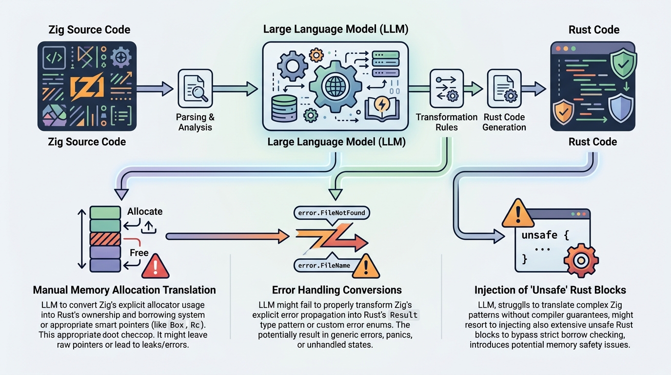 A workflow diagram showing the stages of AI-driven code translation from Zig to Rust, highlighting the failure points where human intervention is required.