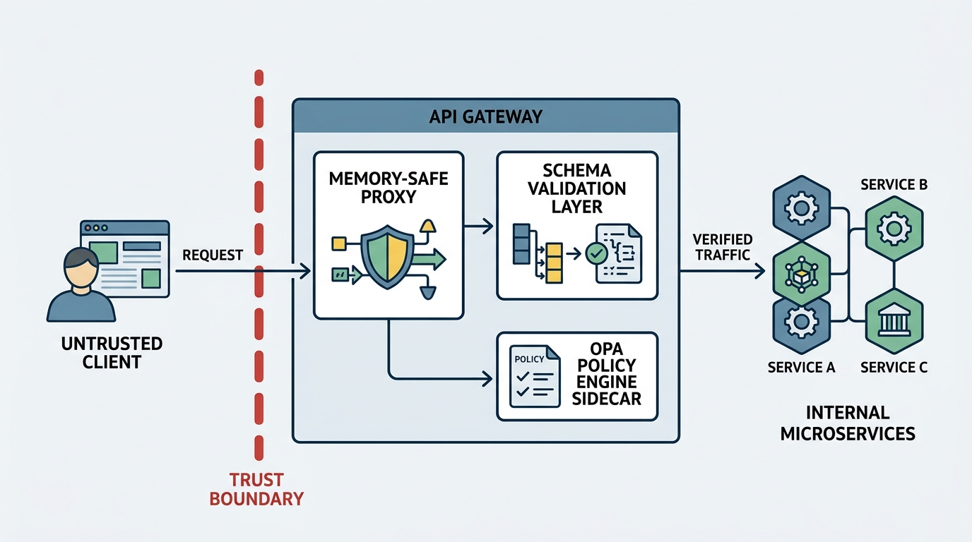 A technical architecture diagram illustrating the secure API gateway pattern.