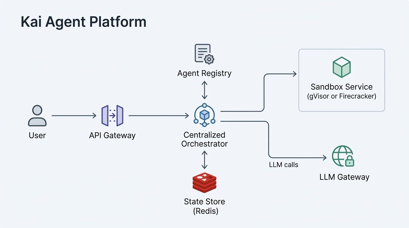 A detailed technical architecture diagram of the Kai Agent Platform, showing the flow from user requests to the orchestration layer, agent registry, sandboxed execution runtime, and LLM gateway.