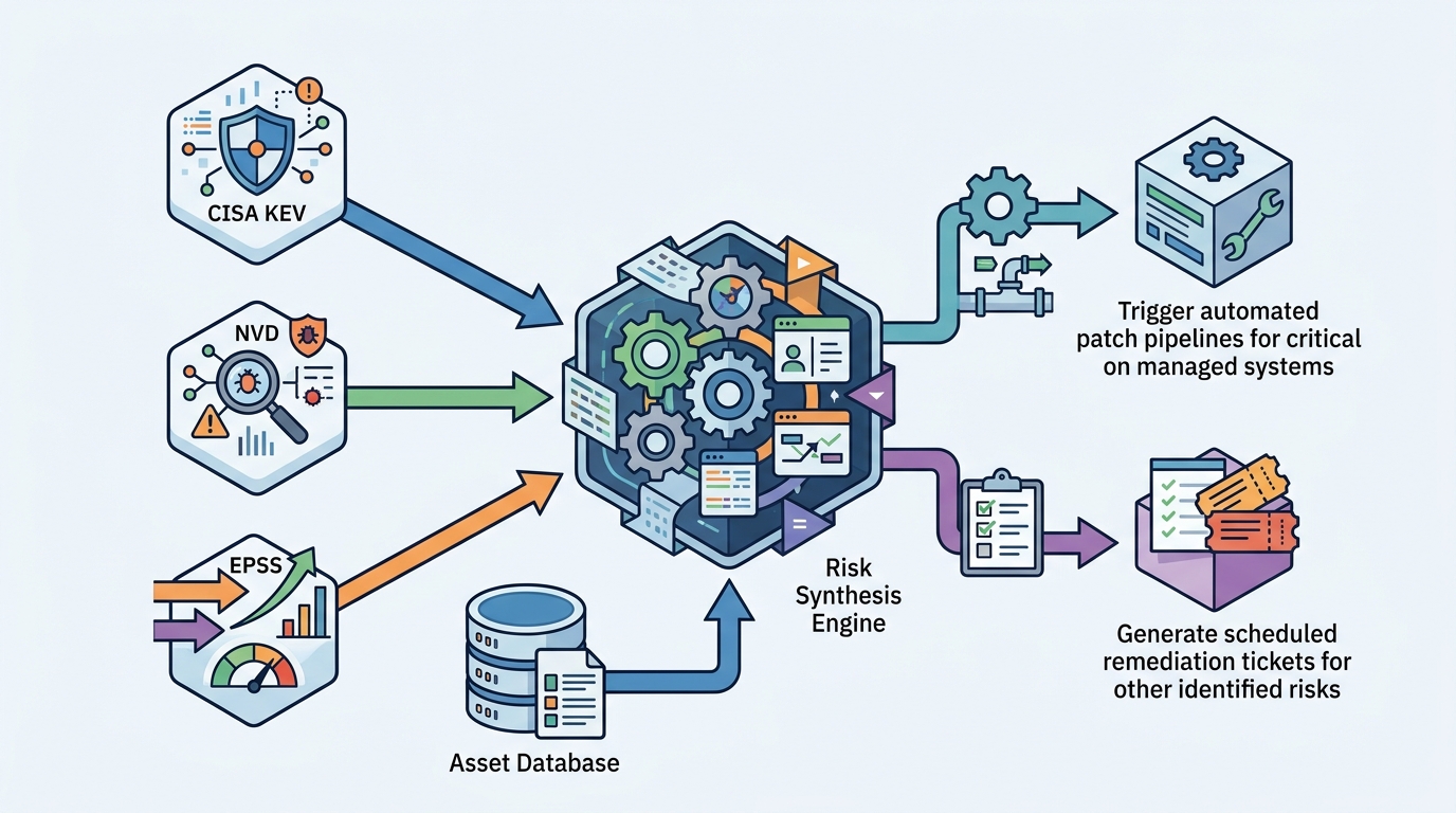 A technical diagram illustrating the automated vulnerability response pipeline, showing the ingestion of CISA KEV, CVE, and EPSS feeds into a risk synthesis engine, followed by asset correlation and automated patching pathways.
