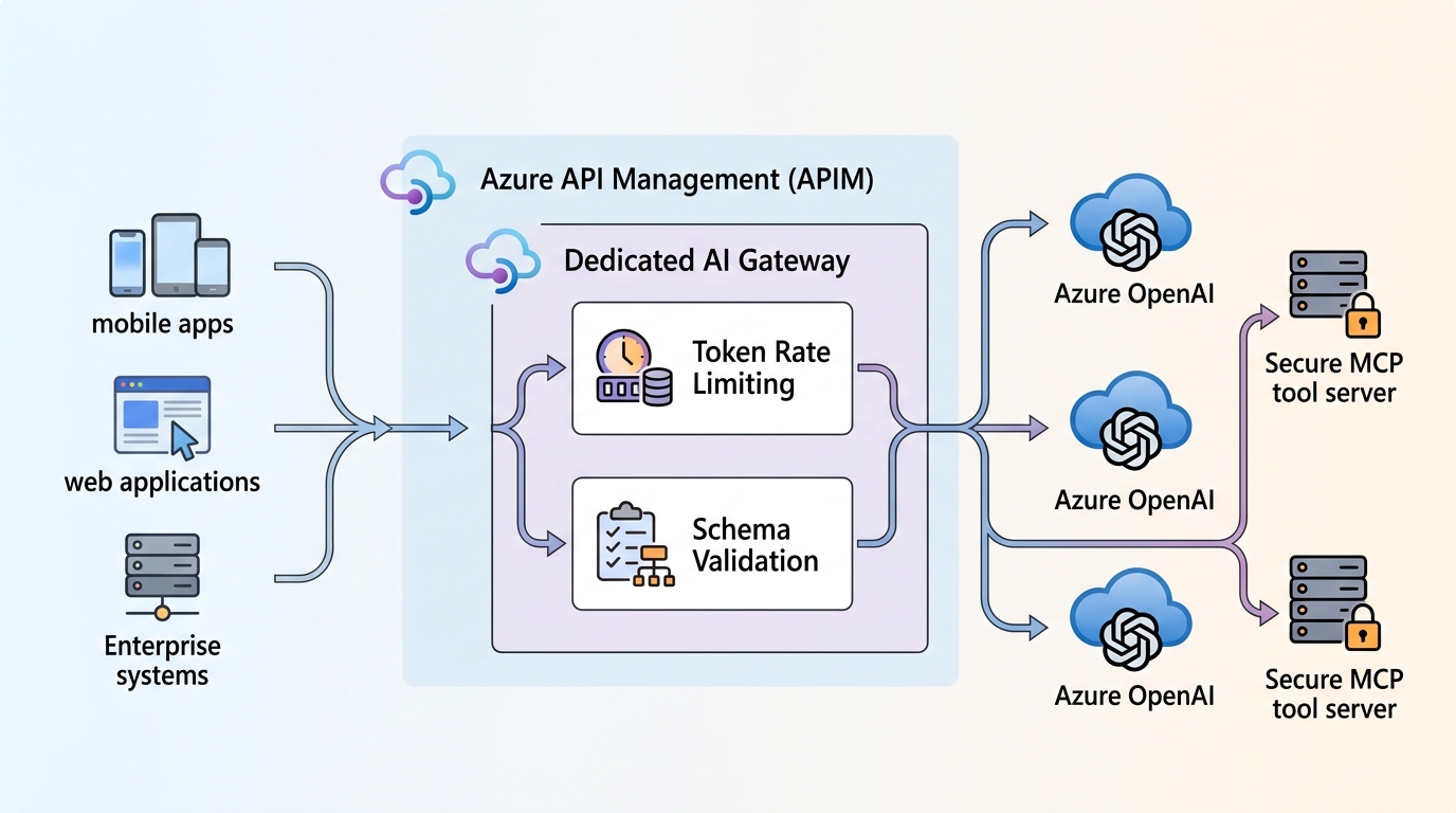 A technical architecture diagram illustrating the Azure API Management Dedicated AI Gateway routing traffic between client applications, multiple Azure OpenAI backends, and secure MCP tool servers.
