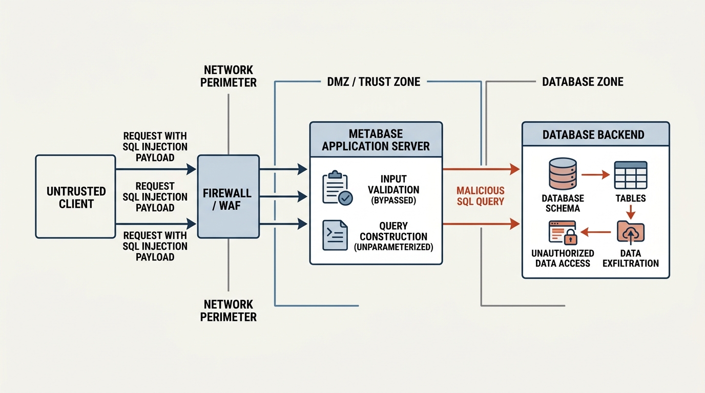 A technical architecture diagram showing the flow of an SQL injection exploit from an untrusted client, through the Metabase application layer, to the database backend, highlighting the security boundaries.