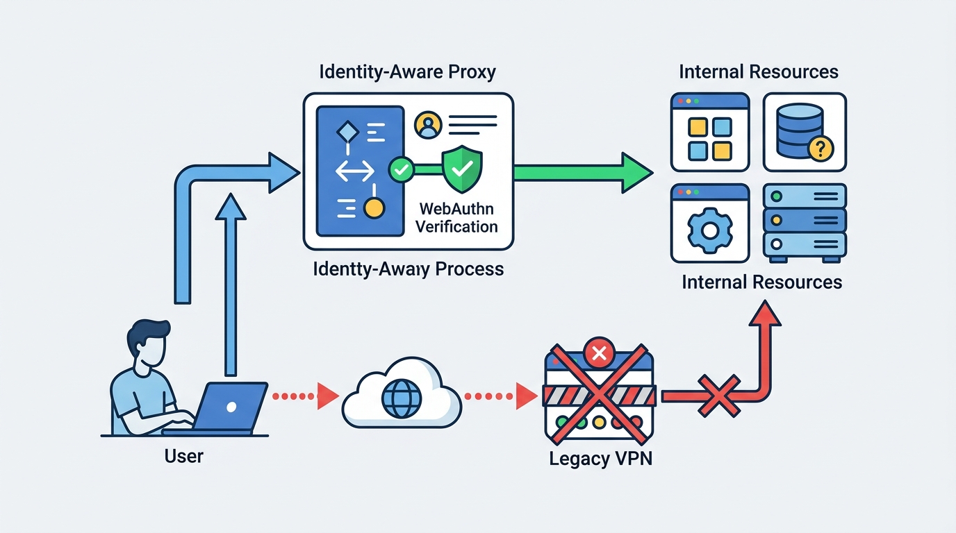A system architecture diagram comparing legacy perimeter security with a modern Zero-Trust Network Access and WebAuthn identity flow.
