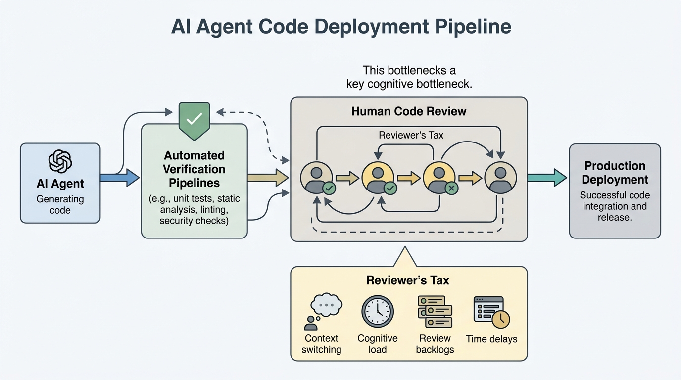 A technical diagram illustrating the bottleneck shift from code generation to code verification in agentic software engineering workflows.