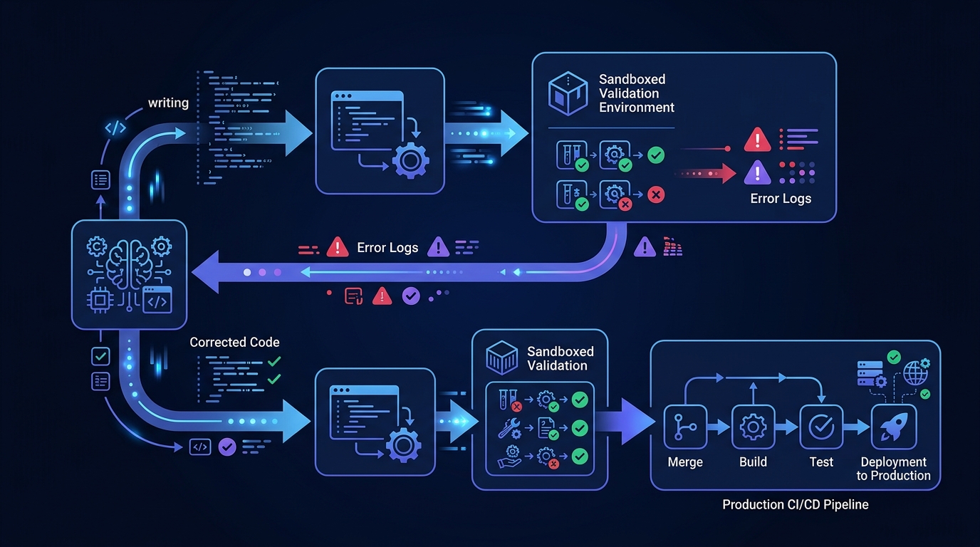 Technical diagram demonstrating the feedback loop between AI coding agents, sandboxed CI environments, and automated testing rigs.