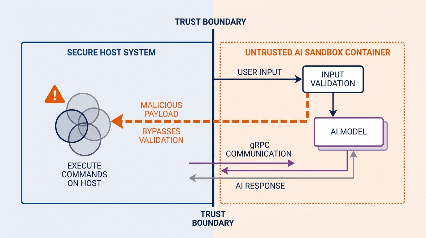 A system architecture diagram illustrating the trust boundary between the secure host system and the untrusted AI sandbox execution environment, highlighting the escape vector.