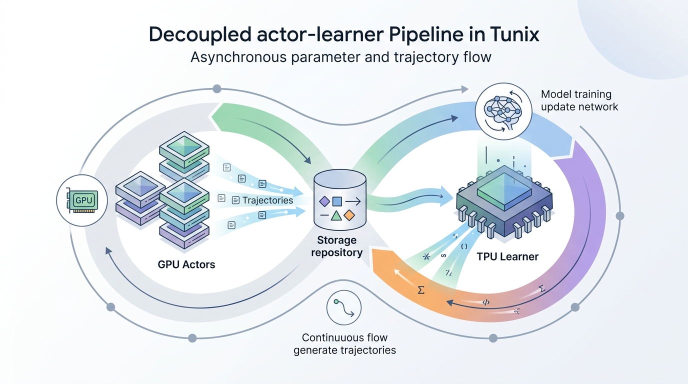 A detailed system architecture diagram illustrating the decoupled actor-learner pipeline in Tunix.