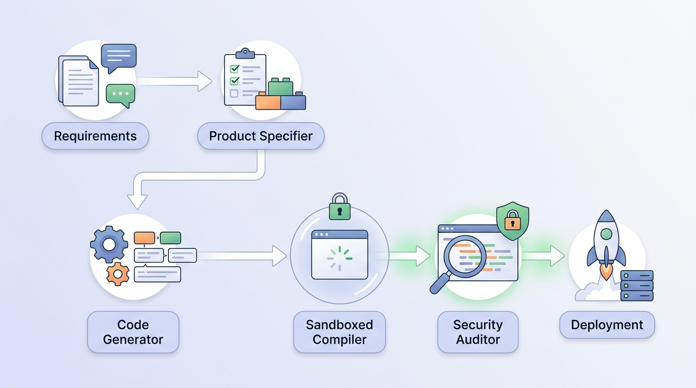 A detailed system architecture diagram showing a multi-agent system pipeline for autonomous software generation, validation, and deployment.