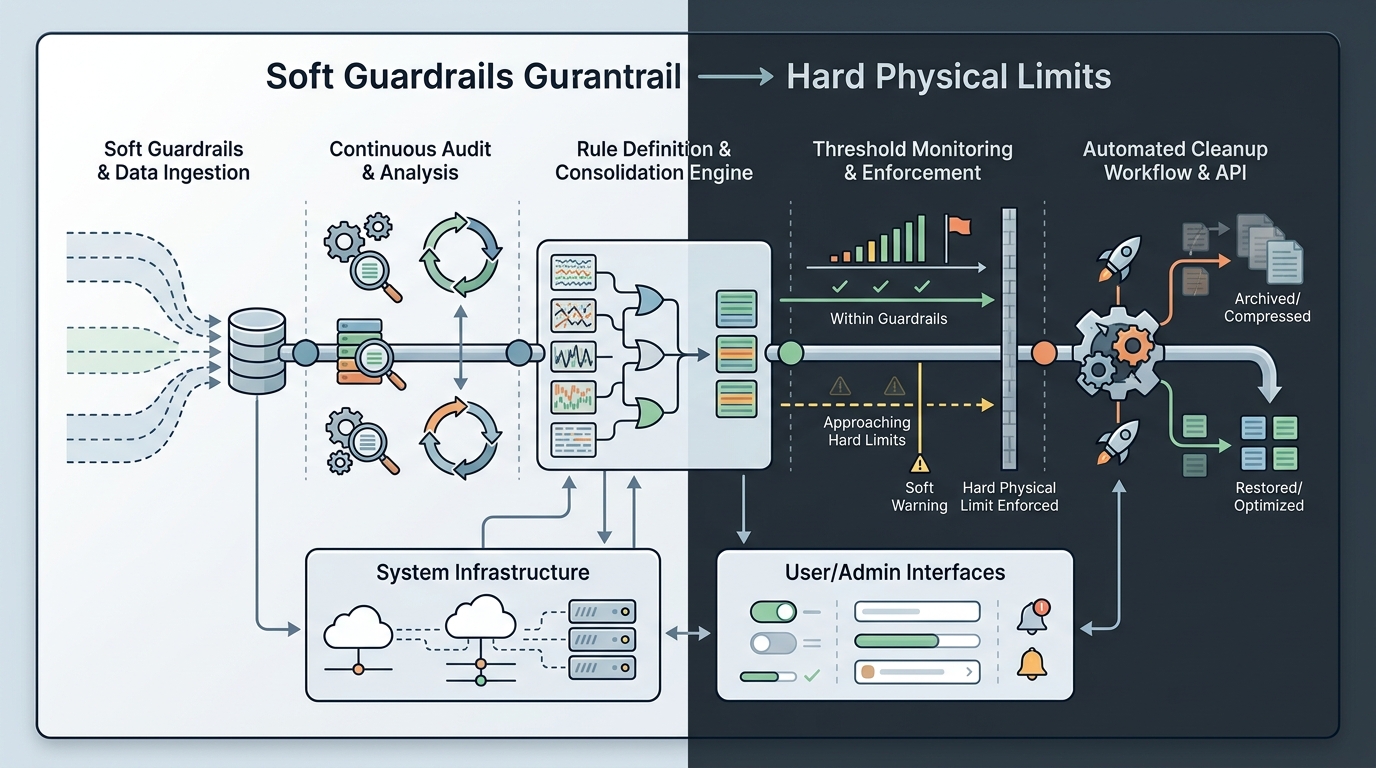 A technical architecture diagram illustrating the transition from soft guardrails to hard physical limits in Jira Cloud, showing the audit, consolidation, and automated cleanup workflow.