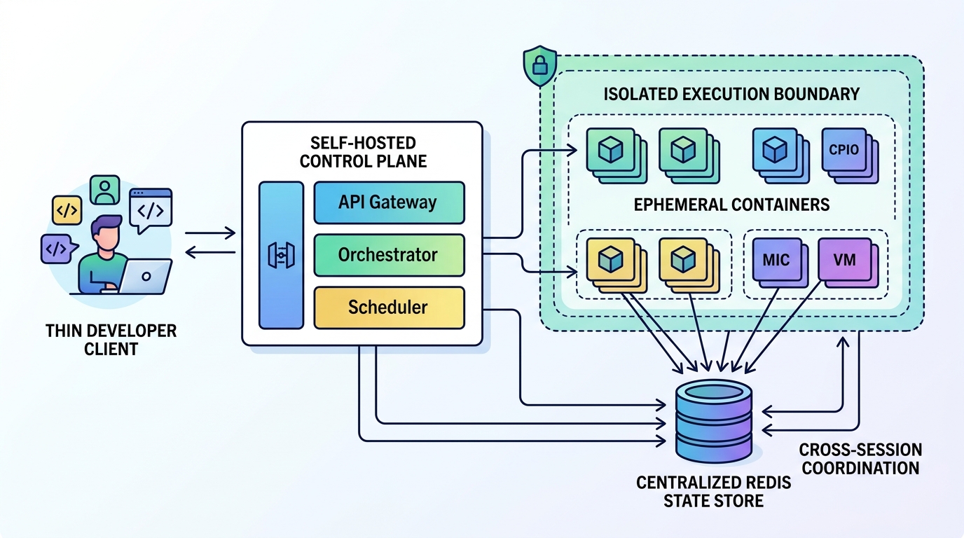 Architectural diagram showing the Claude Code client interacting with a self-hosted control plane, isolated execution microVMs, and a centralized cross-session state store.