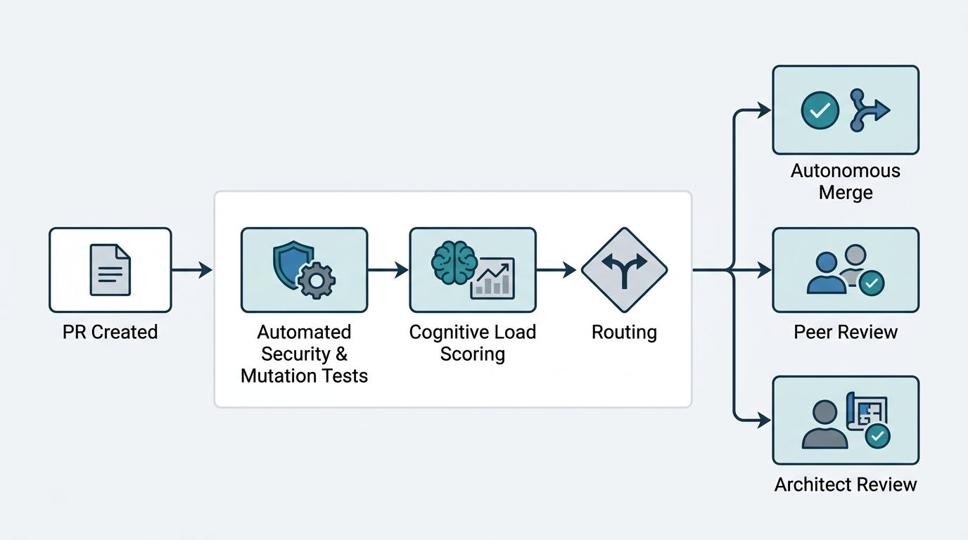 A technical workflow diagram illustrating the automated PR triage and gating process, showing the path from PR creation to automated validation, Cognitive Load Scoring, and tiered routing.