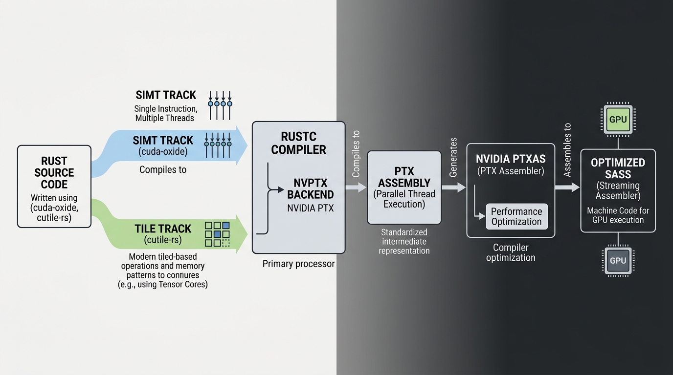 A software architecture diagram showing the compilation pipeline of CUDA Rust, illustrating how rustc, LLVM, and ptxas compile cuda-oxide and cutile-rs source code into safe PTX and SASS machine code.
