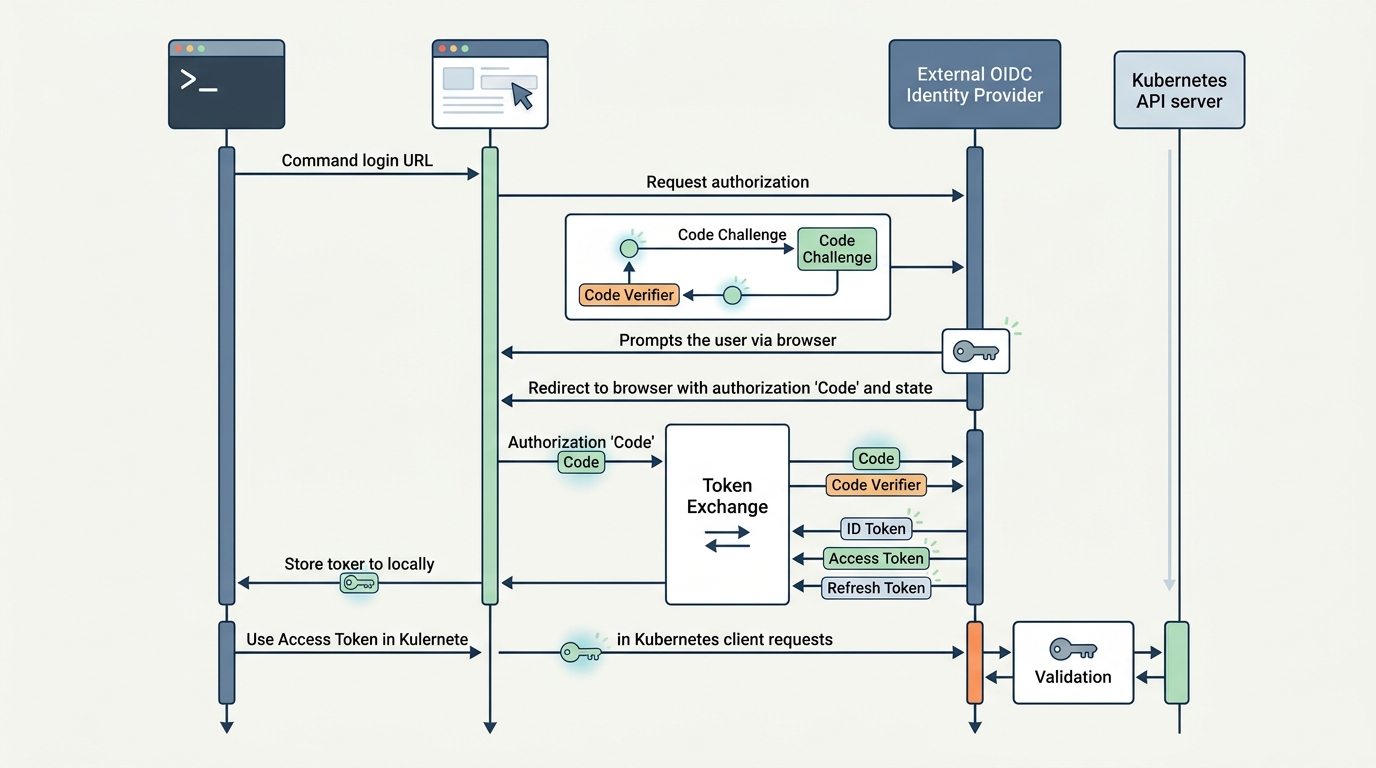 Architectural diagram showing the OIDC authorization code flow with PKCE between a developer's local machine, the Identity Provider (IdP), and the Kubernetes API server.
